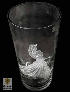 The Beautiful Naked, A Rare Large Tiffin Glass Vase: The Beautiful Naked, A Rare Large American Tiffin engraved Glass Vase. Product Number: #5859. Circa: 1940'S. Measurements: H 12" x Top Diameter 6.25" x bottom Diameter 4 1/2". About: In July 1888, it