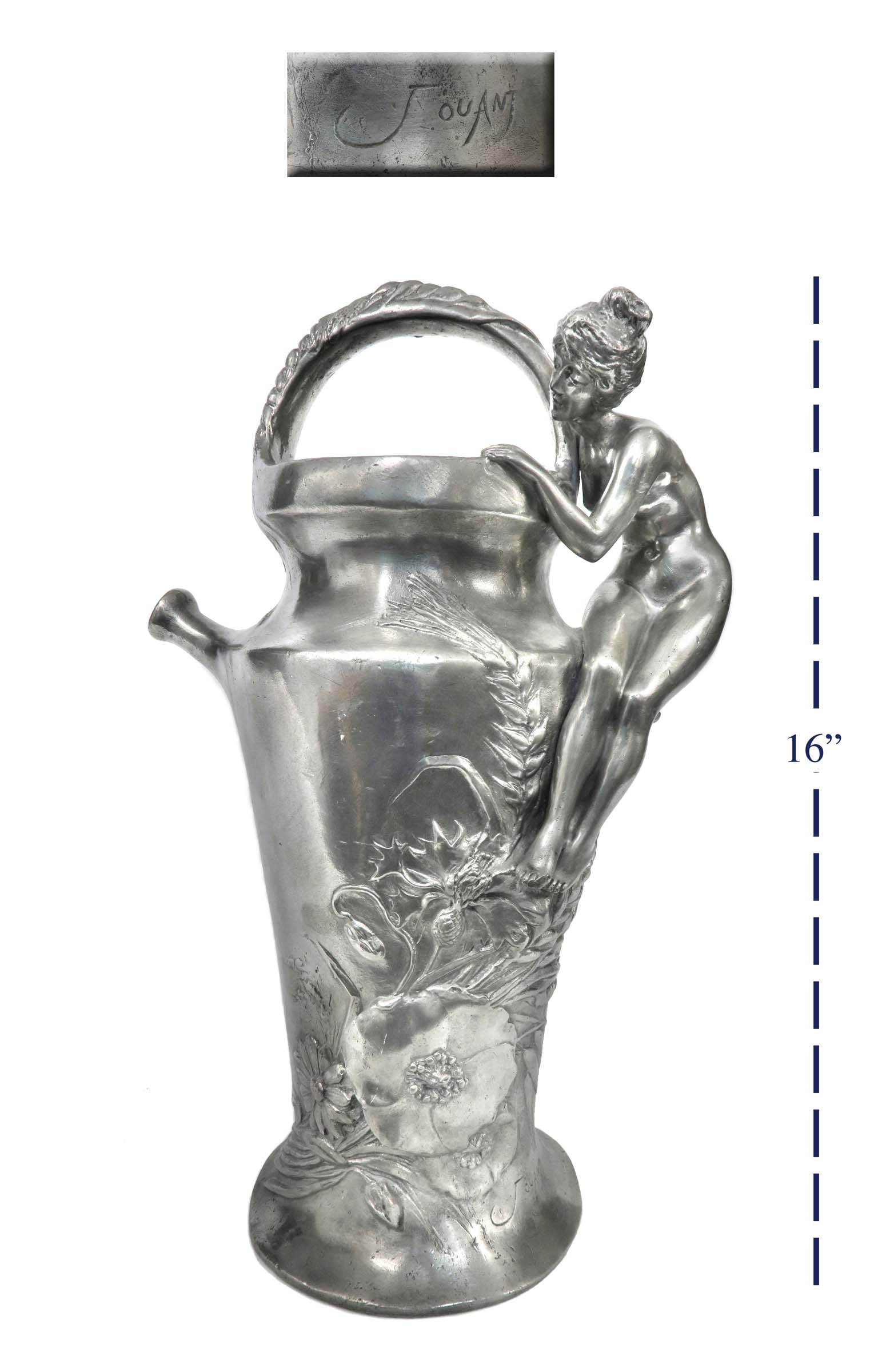 LARGE FRENCH FIGURAL SILVER-PLATE VASE BY JULES JOUANT: LARGE ART NOUVEAU FIGURAL SILVER-PLATE VASE BY JULES JOUANT. Jules Jouant (1863 - 1921, Paris, France) was a French sculptor. H 16"