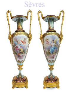 A Very Fine 19th C. Pair of Sevres Gilt Bronze Vases: A Very Fine 19th C. Pair of Sevres Hand Painted Porcelain Ormolu-Mounted Gilt Bronze Vases. H 20.5"
