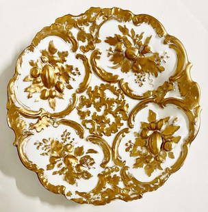 A Meissen Leuteritz Rococo Relief Gold Fruits Plate: 19th Century German Meissen Leuteritz Rococo Relief Gold Fruits Porcelain Decoration Cabinet Plate. Hallmarked. D 9"
