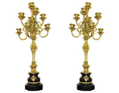 A Pair of Large 19th C French Bronze/Marble Candelabras: A Pair of 19th Century French Bronze on Marble base Candelabras. Each one: H 32", 26 lbs.