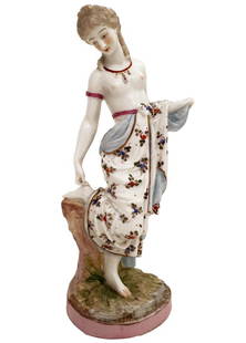 Semi Nude Lady, A Meissen Style Hand Painted Porcelain Figurine: Semi Nude Lady, A Vintage Meissen Style Hand painted Porcelain Figurine. Condition: Very good to her age. There is only a line on the pinky finger that rests on her foot, but it does not go all the wa