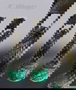 A Pair of Russian Bronze & Malachite Candle-holders: A Pair of Russian Recast Bronze and malachite Candle-holders, after Eugeny Lancere, "N. Shtange". H 9.1/2"