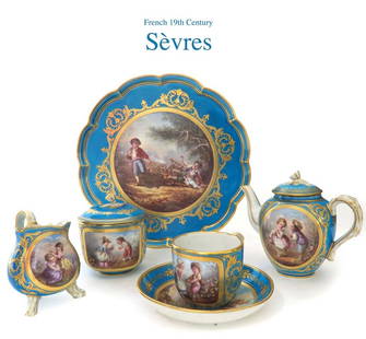 Late 18th C. French Sevres Porcelain Coffee / Tea set: Late 18th C. French Sevres Hand Painted Porcelain Coffee / Tea set. Sevres Hallmarked. tray: W 9" x H 1.1/2"