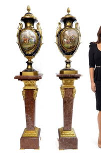 Monumental Pair of Bronze Mounted Sevres Vases, 19th C.: A Pair of Monumental 19th C. French cobalt Sevres bronze mounted Hand Painted Porcelain vases. NOTE: Pedestals not included (Sold separately in next lot). H 36.1/2" x W 16"
