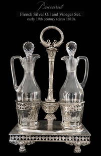 19th C. French Silver Vinegar & Oil Cruet Set: 19th C. French silver vinegar and oil cruet set. H 14" x 9" x 4.1/2"