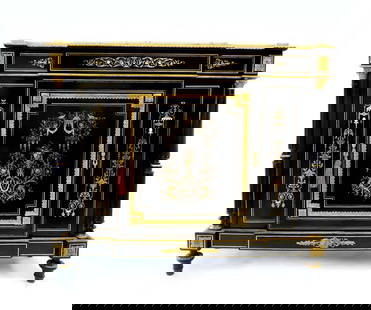 Charles Guillaume Diehl Bronze Ebonised Inlaid Cabinet: A NAPOLEON III BRONZE MOUNTED EBONISED AND BRASS-INLAID SIDE CABINET BY CHARLES-GUILLAUME DIEHL, THIRD QUARTER OF 19TH CENTURY. With a white veined marble top above a door enclosing two shelves, on to