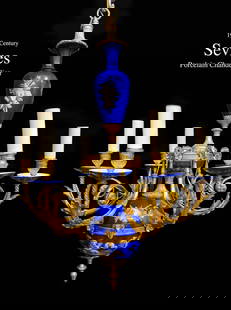 19TH C. FRENCH SEVRES BRONZE CHANDELIER 6-Light: 19TH C. FRENCH BRONZE & SEVRES HAND PAINTED PORCELAIN CHANDELIER 6-light. H 33" x W 24"