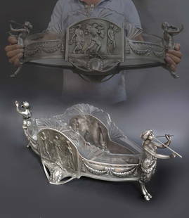 Large WMF Silver Plated Bronze Crystal Centerpiece: Large WMF Silver Plated Bronze Crystal Centerpiece. H 9.1/2" x 11.1/2" x 27.3/4"