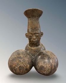 19th C. African Mangbetu People Ceremonial Terracotta Clay Figural Jug Vessel