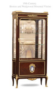 19th Century French Bronze Mounted Wedgwood Vitrine Cabinet: 19th Century French Bronze Mounted Wedgwood Vitrine Cabinet. H 64" x 29" x 14"