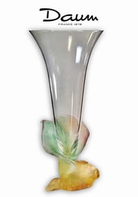 A French Daum Lily Pate De Verre Crystal Glass Vase, Signed