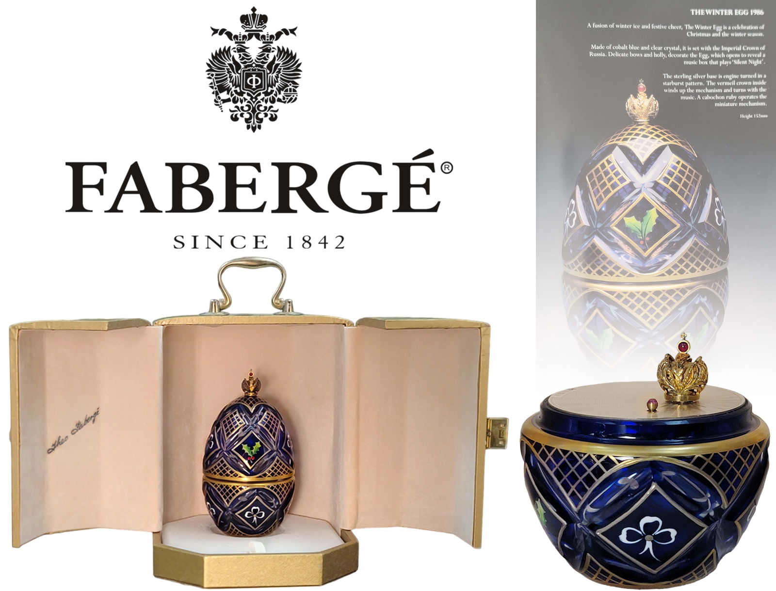 The Winter Egg, A Theo Faberge 1986 Cobalt Blue Crystal Decorative Egg, Boxed: The Winter Egg, A Theo Faberge 1986 Cobalt Blue Crystal Decorative Egg, Boxed. H 5.5". About Theo Faberge's Winter Egg 1986: A fusion of winter ice and festive cheer, The Winter Egg is a celebration o