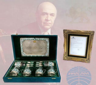 A PERSIAN ETCHED GLASS/ENAMELED SILVER 7 PIECE TEA SET