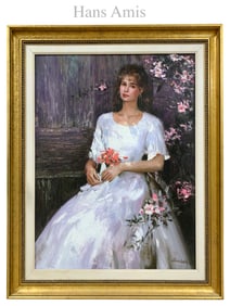 Lady In Flower Garden, An Oil on Canvas Painting Signed By Hans Amis