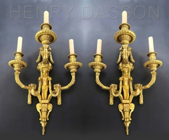 Large Pair of Henry Dasson Bronze Sconces, Signed