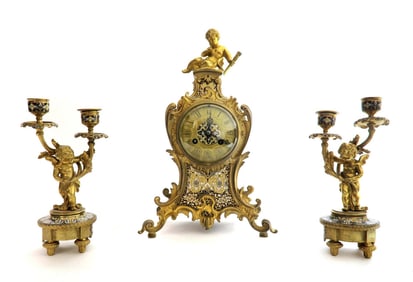 19th C. Judaica Champleve & Bronze Clock Set