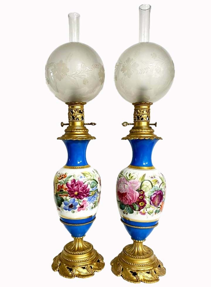 A Pair of French Sevres Hand Painted Porcelain Bronze Light Lamps: A Pair of French Sevres Hand Painted Porcelain Bronze Light Lamps. H 30"