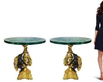 Pair of 19th C. Figural Bronze & Malachite Side Tables