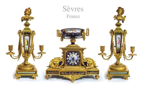 19th C. Sevres Gilt Bronze Jeweled Cobalt Clock Set