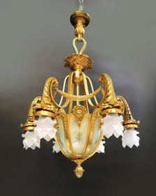 19th C. Figural Bronze & Crystal Chandelier 7-light