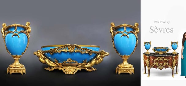 Very Large Sevres Figural Bronze Centerpiece & Vase Set