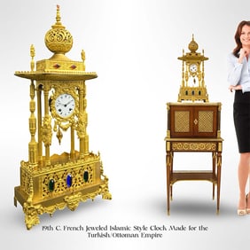 19th C. French Islamic Ottoman Style Jeweled Bronze Clock