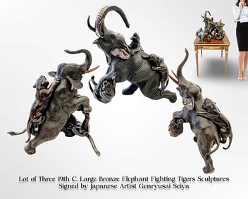 A Lot of 3 Large 19th C. Japanese Elephant Fighting Tigers Bronze Group Sculptures, Signed
