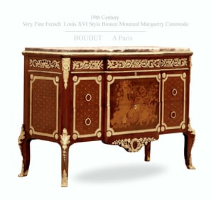 Very fine 19th C French Boudet Louis XVI Style Bronze Marquetry Commode/Cabinet, Signed