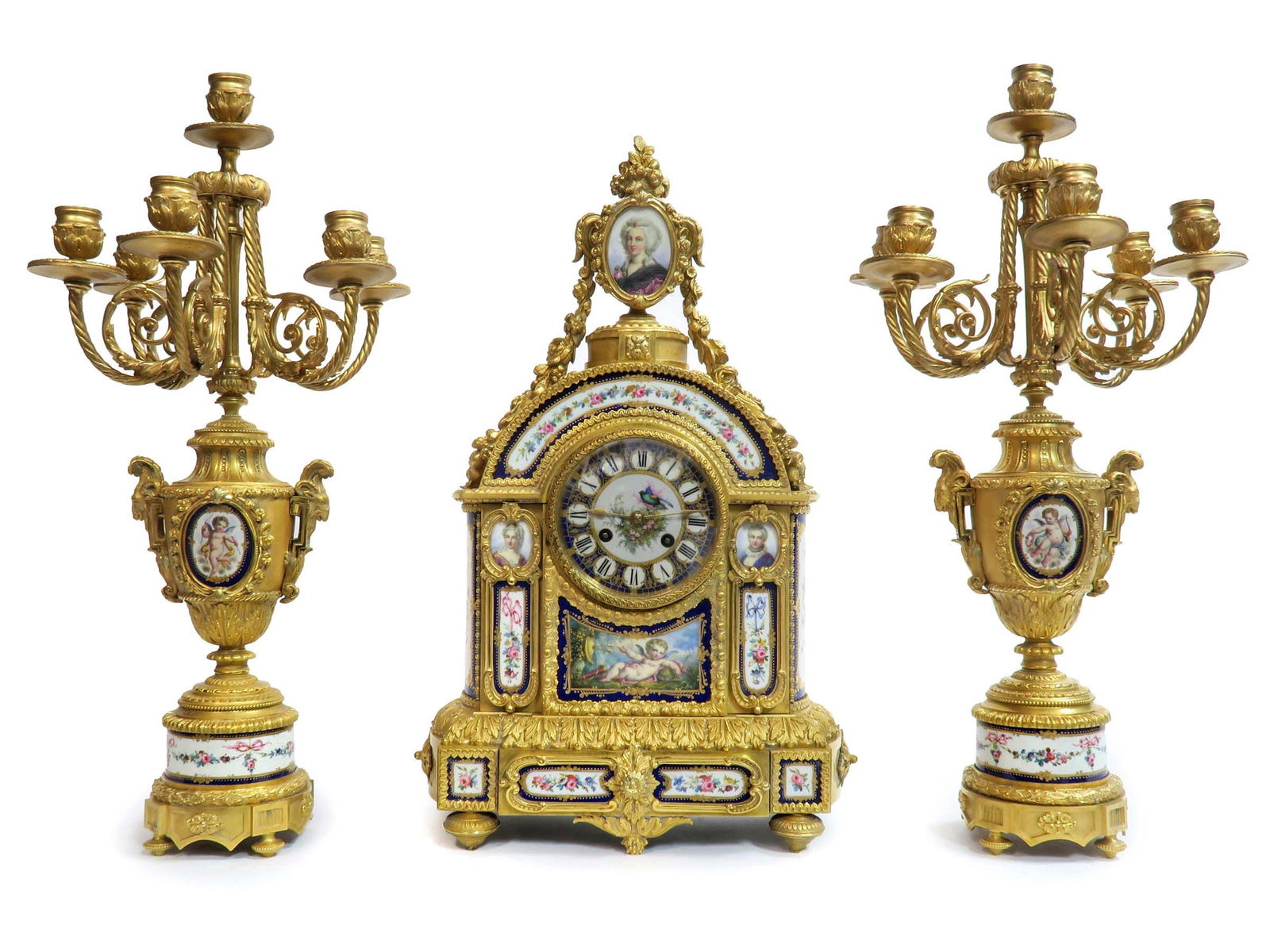 19th C. French Bronze & Sevres Porcelain Clock Set (1 of 14)