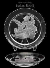 A Large Luciana Roselli Woman W/ Birds Heavy Crystal Charger Plate Designed For Lalique, Signed