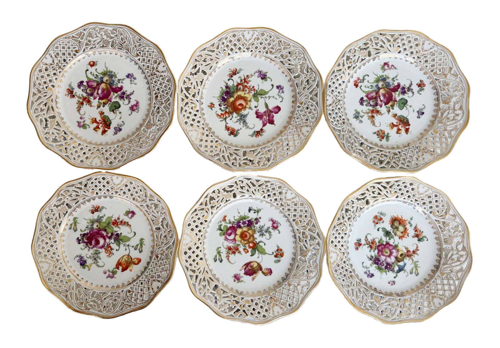 Set of Six Meissen Style Floral Dessert Plates: Set of Six Meissen Style Floral Dessert Plates. D 8"