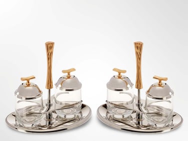 A Pair of Double Jam Two Tone Matte Gold Steel Lidded Jar on A Tray Holder