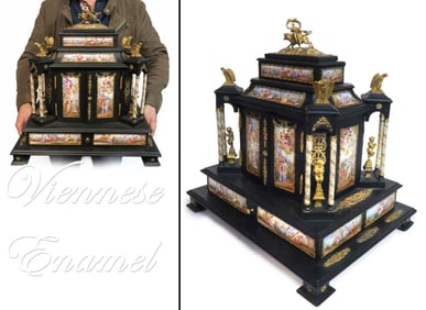 Very Large 19th C Viennese Enamel Mounted Table Cabinet