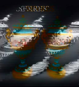 A Pair of 19th C. Jeweled Sevres Urns