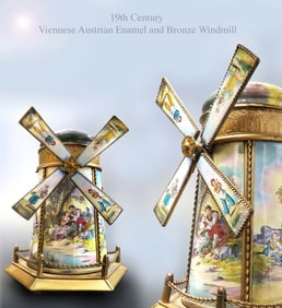 A Large 19th C. Austrian Viennese Enamel Bronze Windmill Miniature