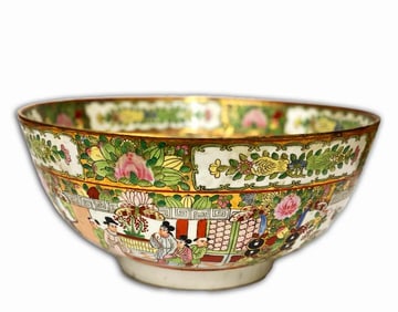 19th C. Chinese Hand Painted Rose Porcelain Bowl Centerpiece