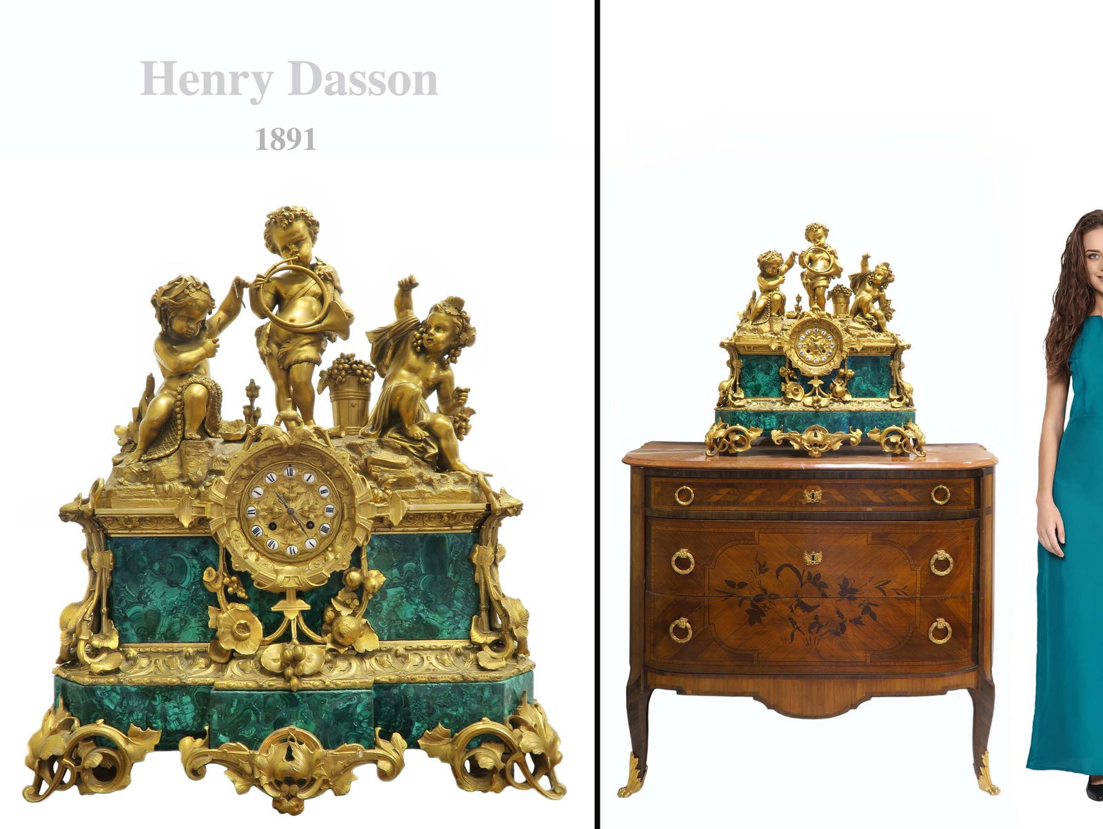 LARGE HENRY DASSON FIGURAL BRONZE & MALACHITE CLOCK: LARGE 19TH C. HENRY DASSON FIGURAL ORMOLU BRONZE AND MALACHITE MANTEL CLOCK. NOTE: The base is NOT included! H 29" x 25" x 9"