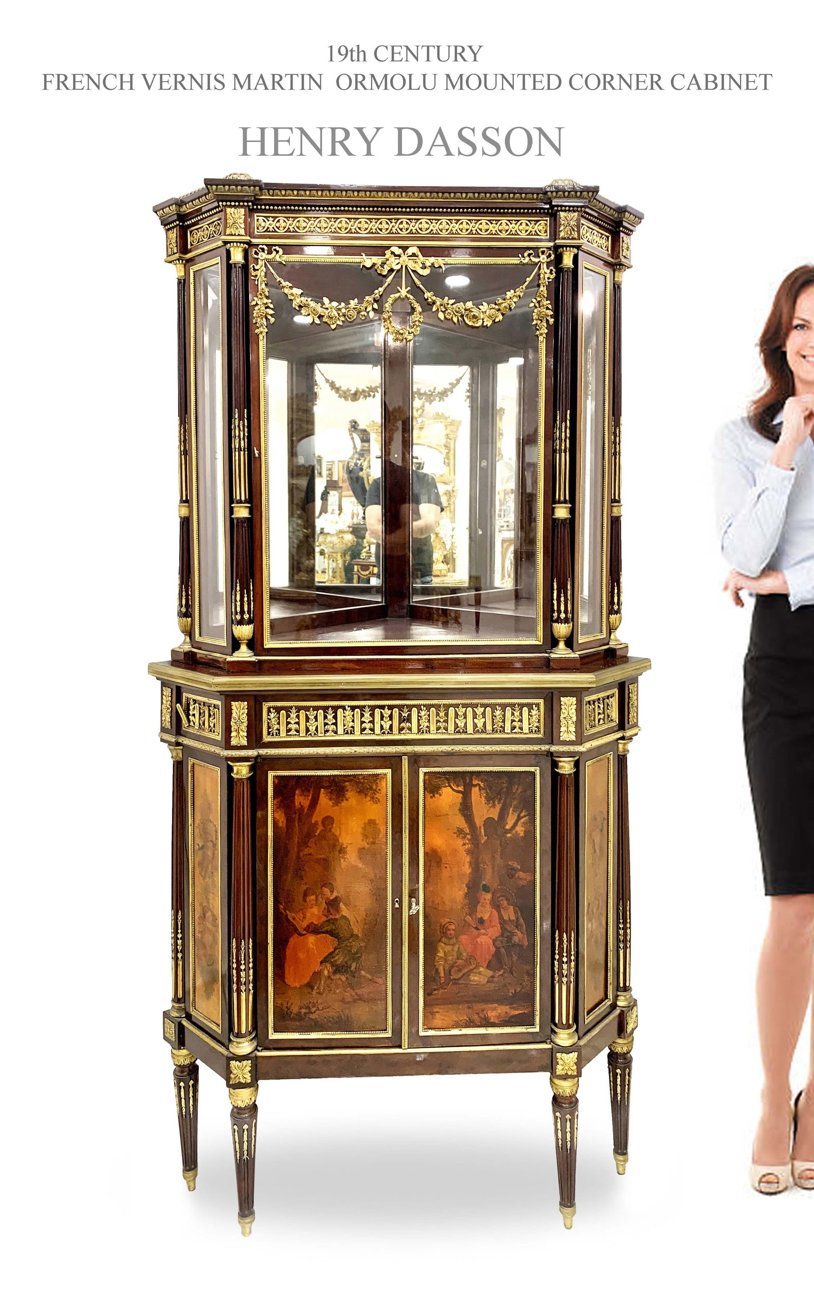 19th C. Henry Dasson Bronze Vernis Martin Corner Cabinet, Signed: 19th Century French Ormolu Mounted Vernis Martin Corner Cabinet, signed by Henry Dasson. H 69” x 34” x 22”