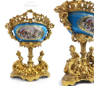 19th C Large Louis XV Figural Bronze\Sevres Centerpiece