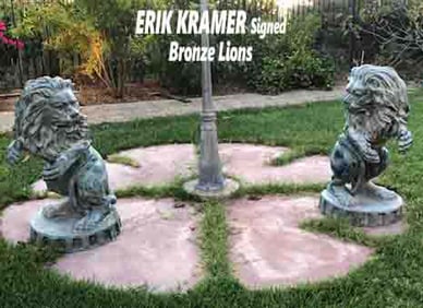 Very Large Pair of ERIK KRAMER Bronze Lions Sculpture