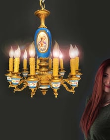 19th C. French Bronze & Sevres Porcelain Chandelier