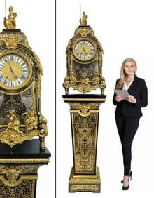 19th C. BRONZE BOULLE FIGURAL CLOCK ON PEDESTAL