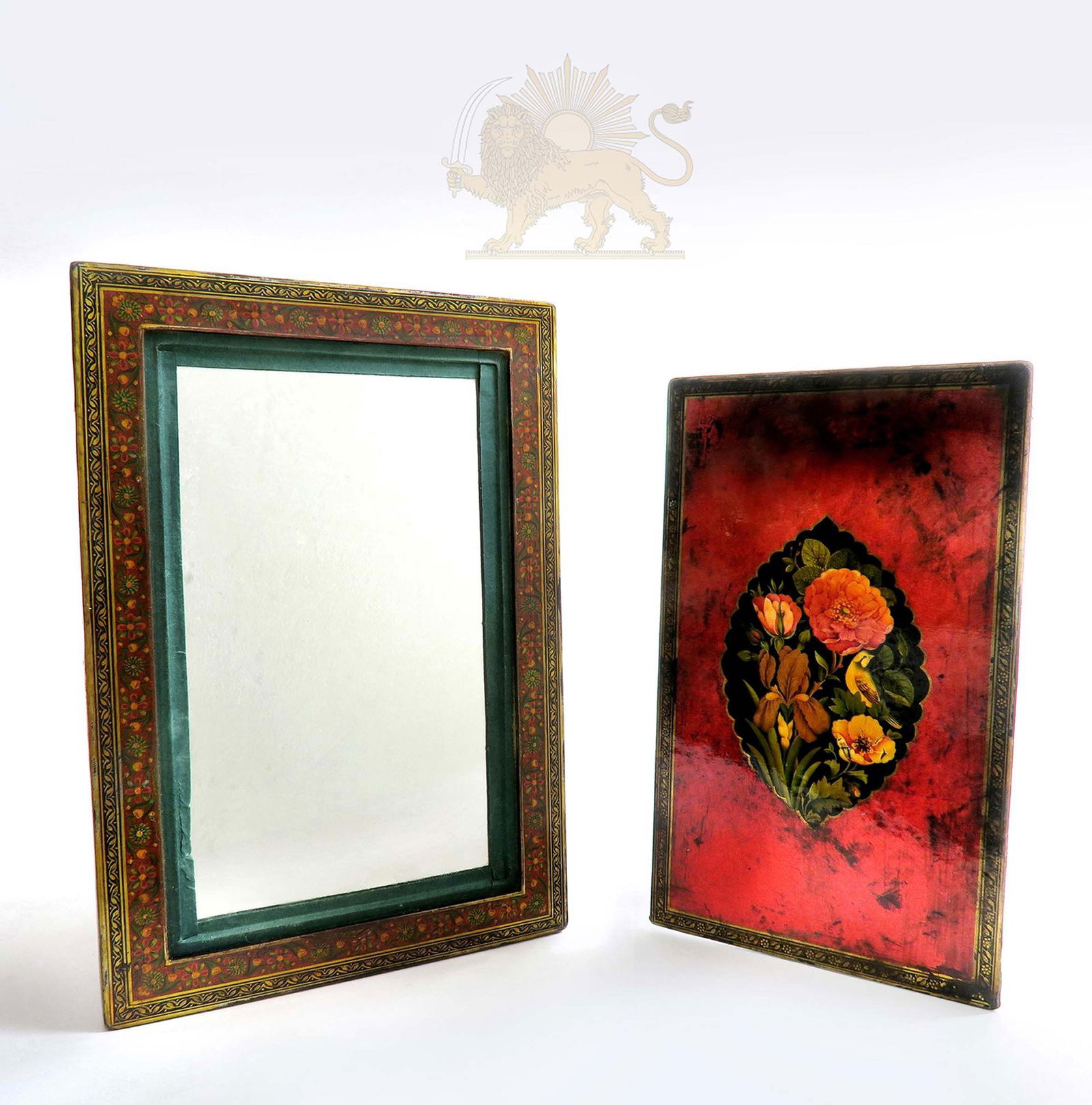 A QAJAR POLYCHROME LACQUER PAPIER MACHE MIRROR CASE: A QAJAR POLYCHROME LACQUER PAPIER MACHE MIRROR CASE. PROBABLY ATTRIBUTABLE TO REZA AL-IMAMI, IRAN, THIRD QUARTER 19TH CENTURY. Of rectangular form with separate originally hinged cover, the front and