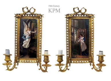 A Pair of 19th C. BERLIN KPM Plaque Bronze Wall Sconces