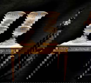 A Pair of Monumental Baccarat Style Crystal Bronze Vases