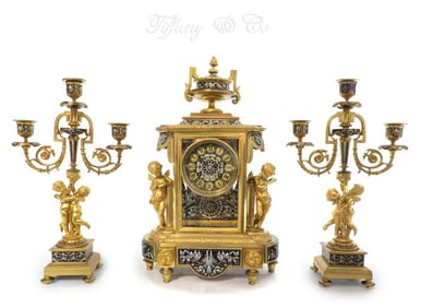 19th C Tiffany & Co Figural French Champleve Clock set