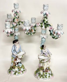 A Pair of Meissen style Figural Porcelain Candelabras