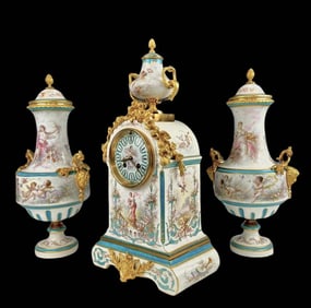 French Bronze & Sevres Hand Painted Porcelain Clock Set