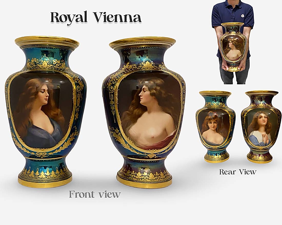 A Pair of Large 19th C. Royal Vienna Hand Painted Iridescent Porcelain Vases, Signed: A Pair of Large 19th C. Austrian Royal Vienna Hand Painted Wagner Style Iridescent Porcelain Vases Signed by Donath, Hallmarked.
